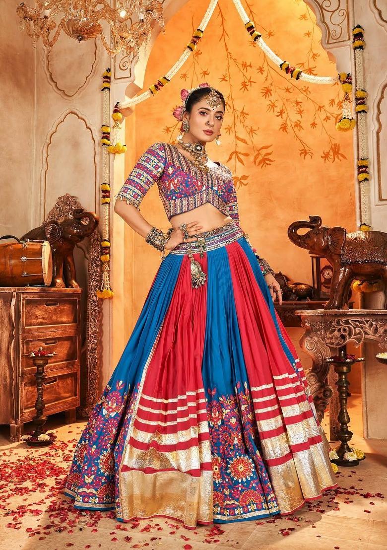 Multicolor Mirror Work Cotton Lehenga Set - Indya