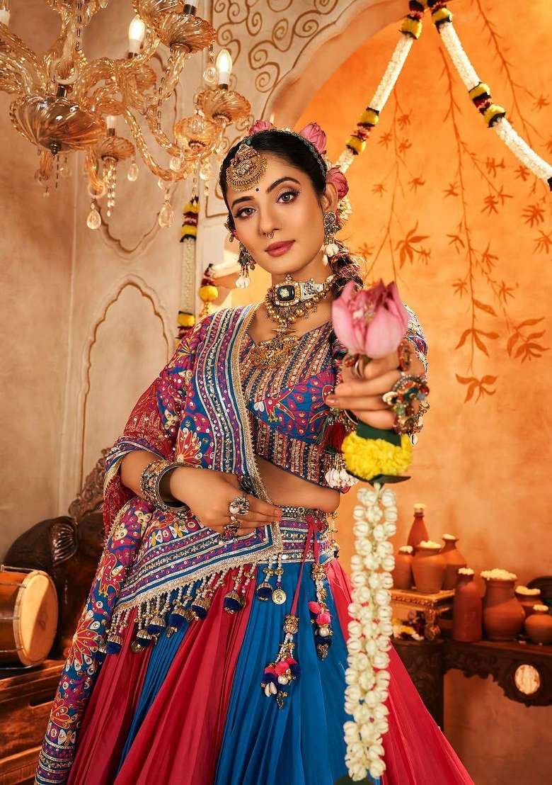 Multicolor Mirror Work Cotton Lehenga Set for Diwali and Festive Wear - Indya