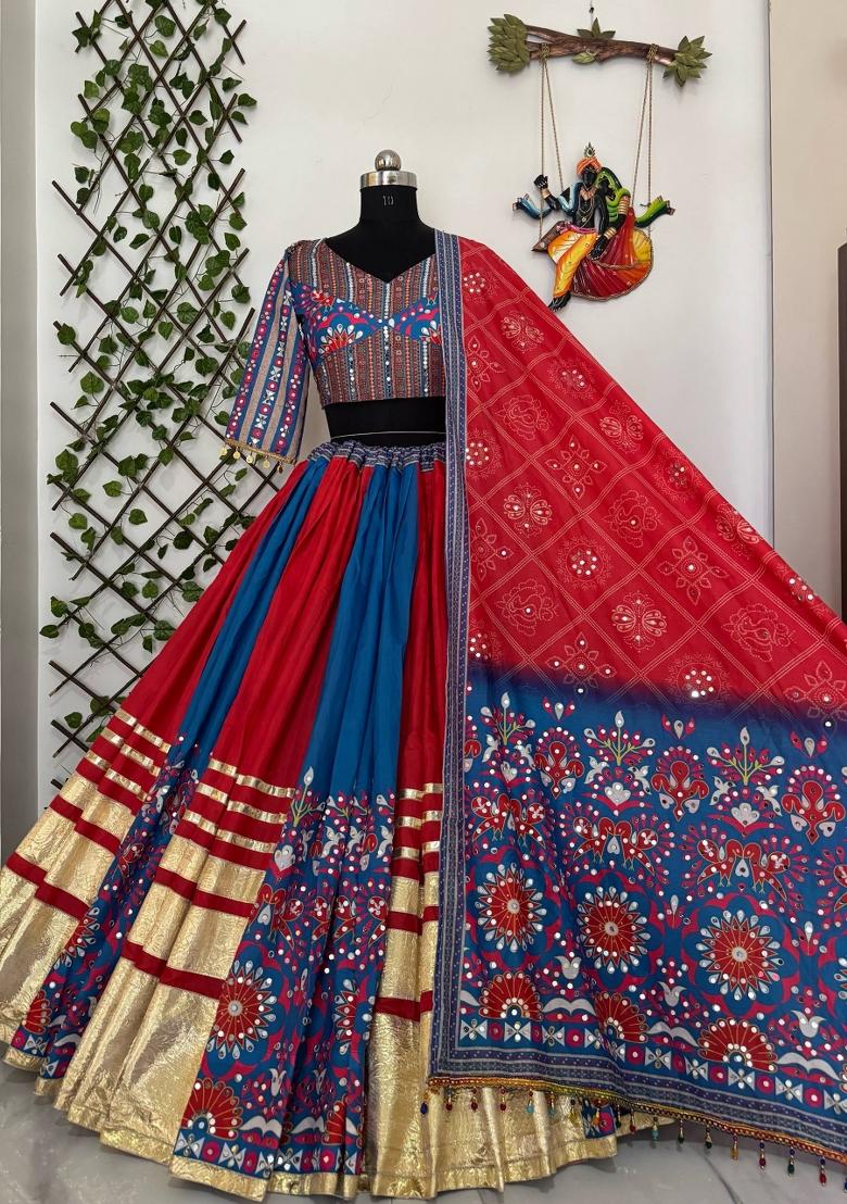 Multicolor Mirror Work Cotton Lehenga Set - Indya