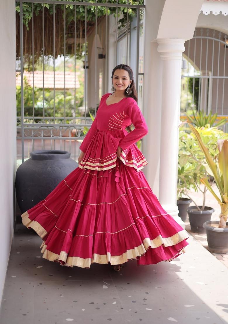 Rani Pink Gota Patti Work Cotton Lehenga Set - Indya