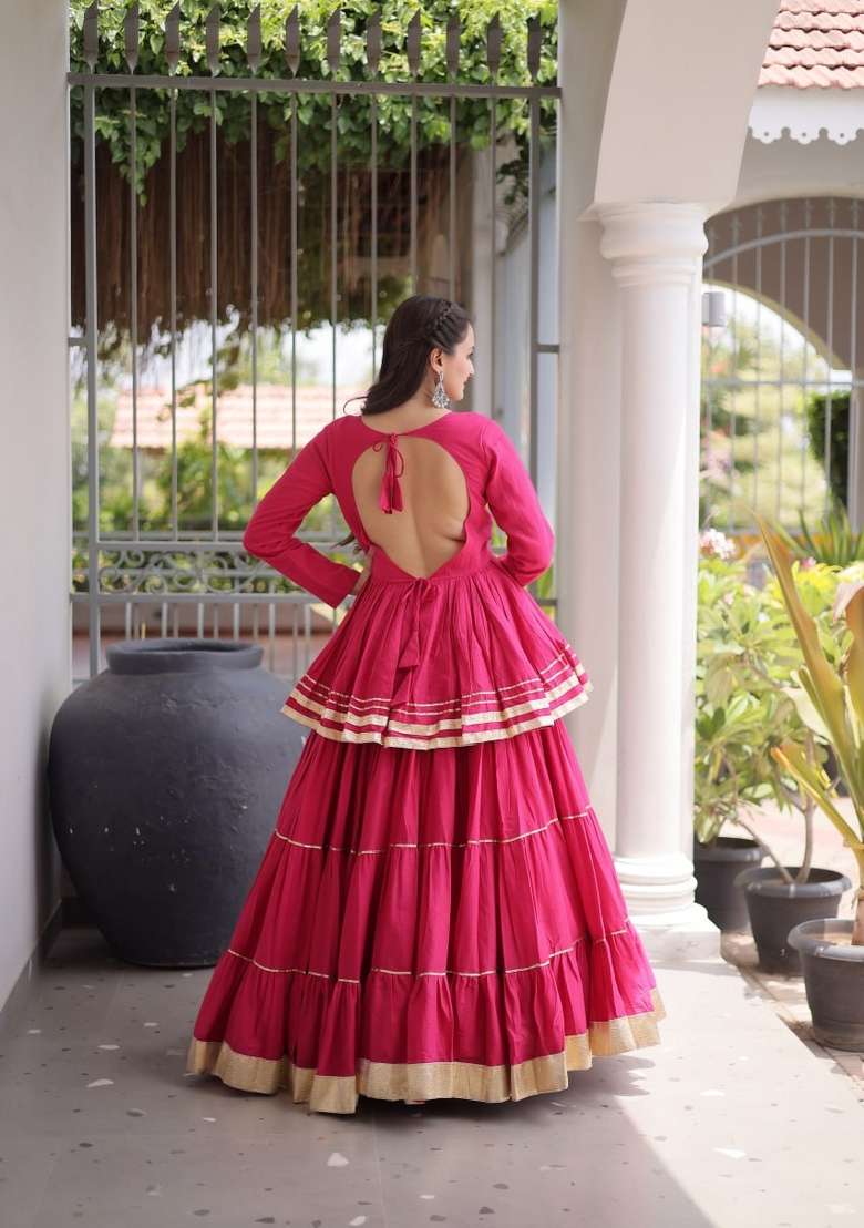Rani Pink Gota Patti Work Cotton Lehenga Set - Indya