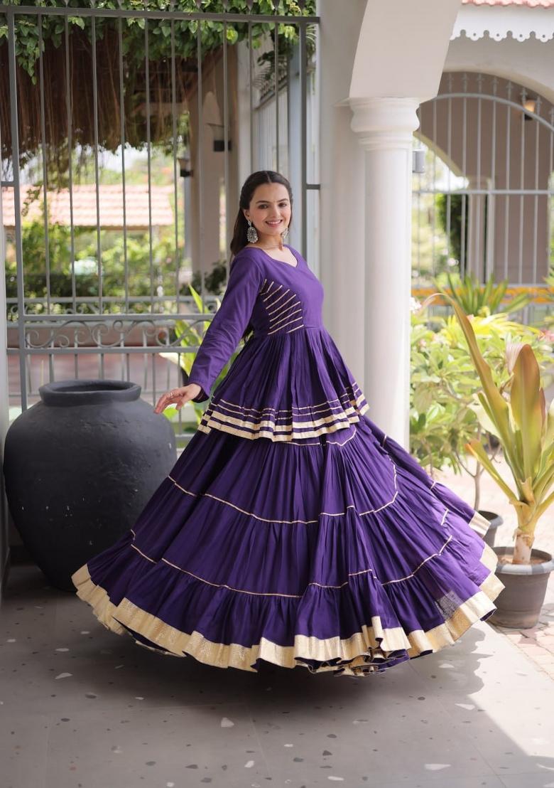 Purple Gota Patti Work Cotton Lehenga Set - Indya