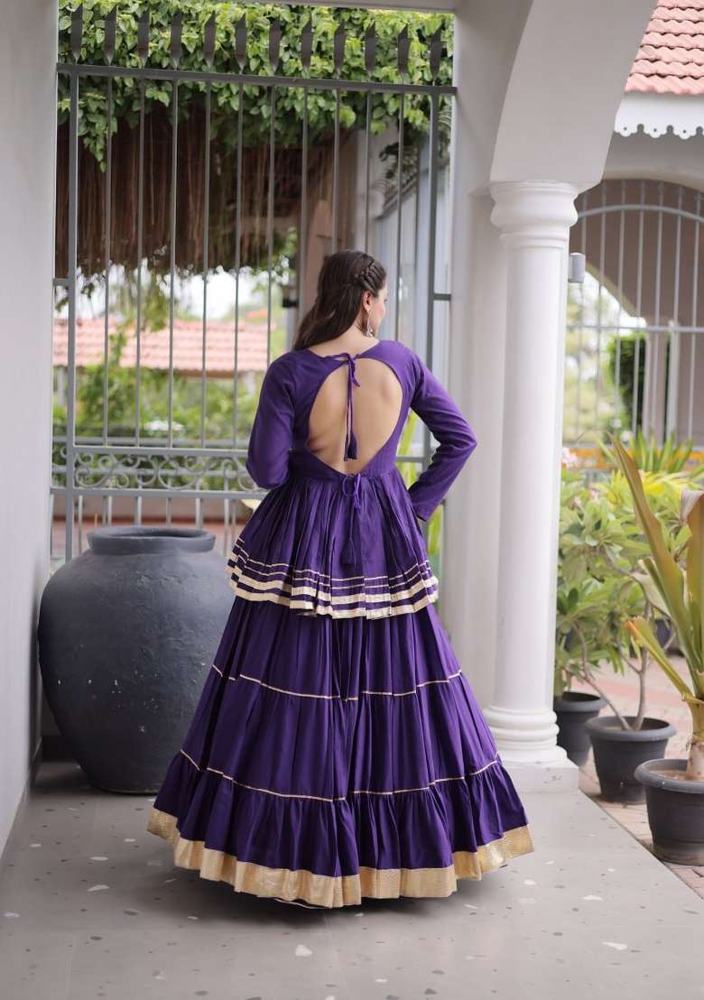 Purple Gota Patti Work Cotton Lehenga Set - Indya