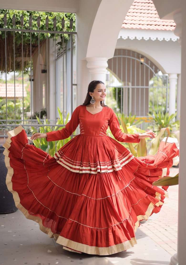 Rust Orange Gota Patti Work Cotton Lehenga Set - Indya