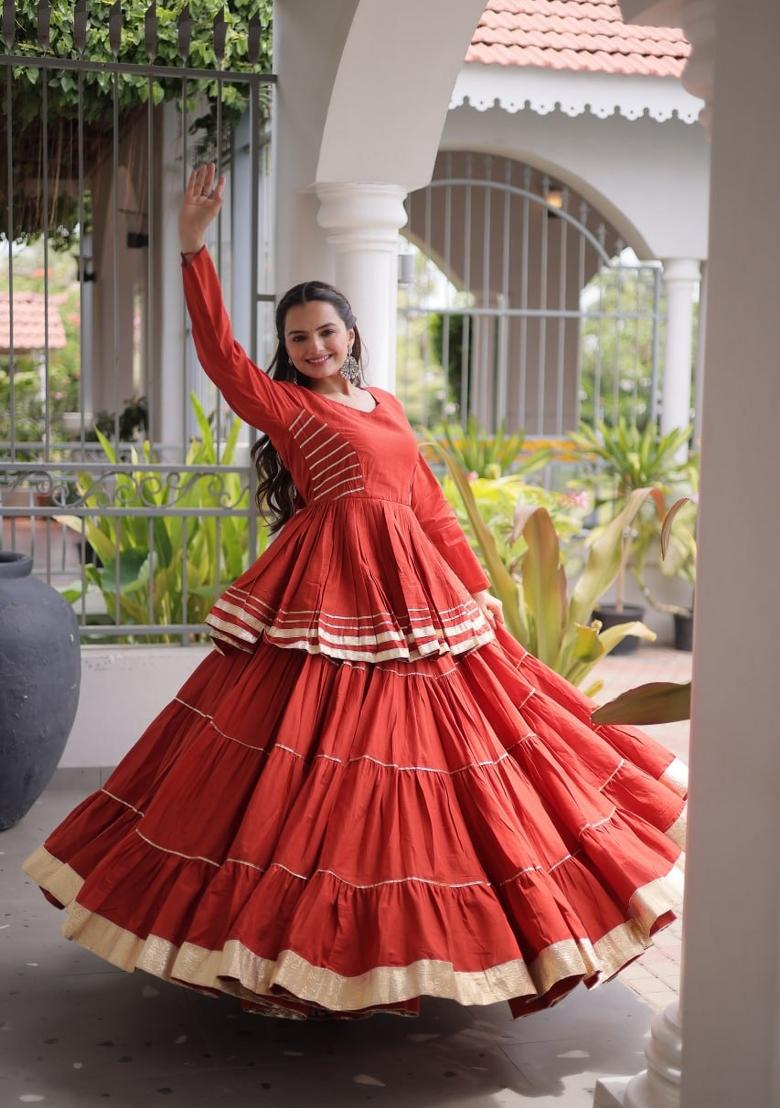 Rust Orange Gota Patti Work Cotton Lehenga Set - Indya