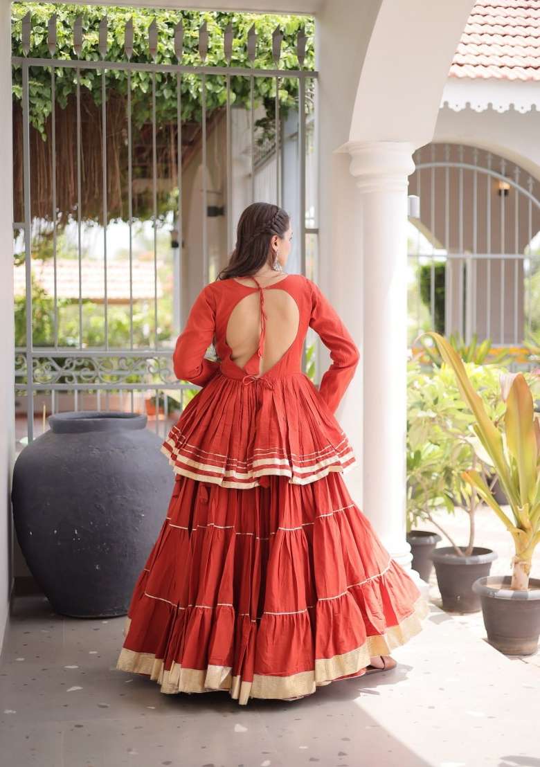 Rust Orange Gota Patti Work Cotton Lehenga Set - Indya