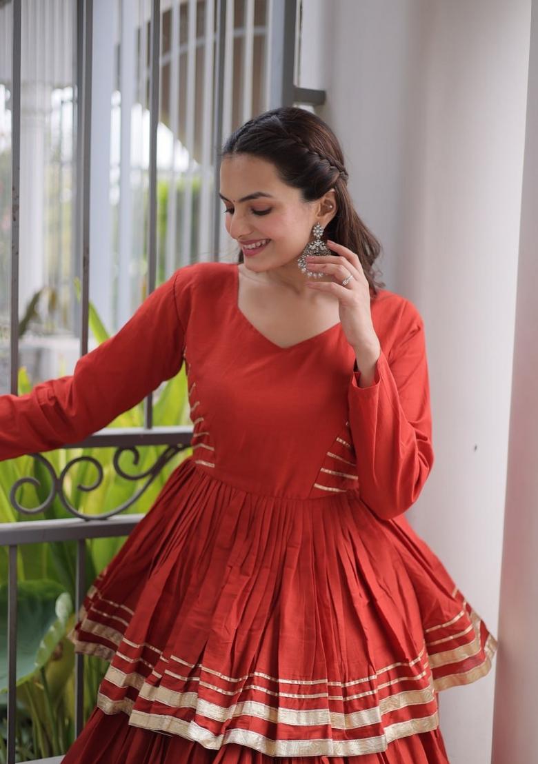 Rust Orange Gota Patti Work Cotton Lehenga Set - Indya