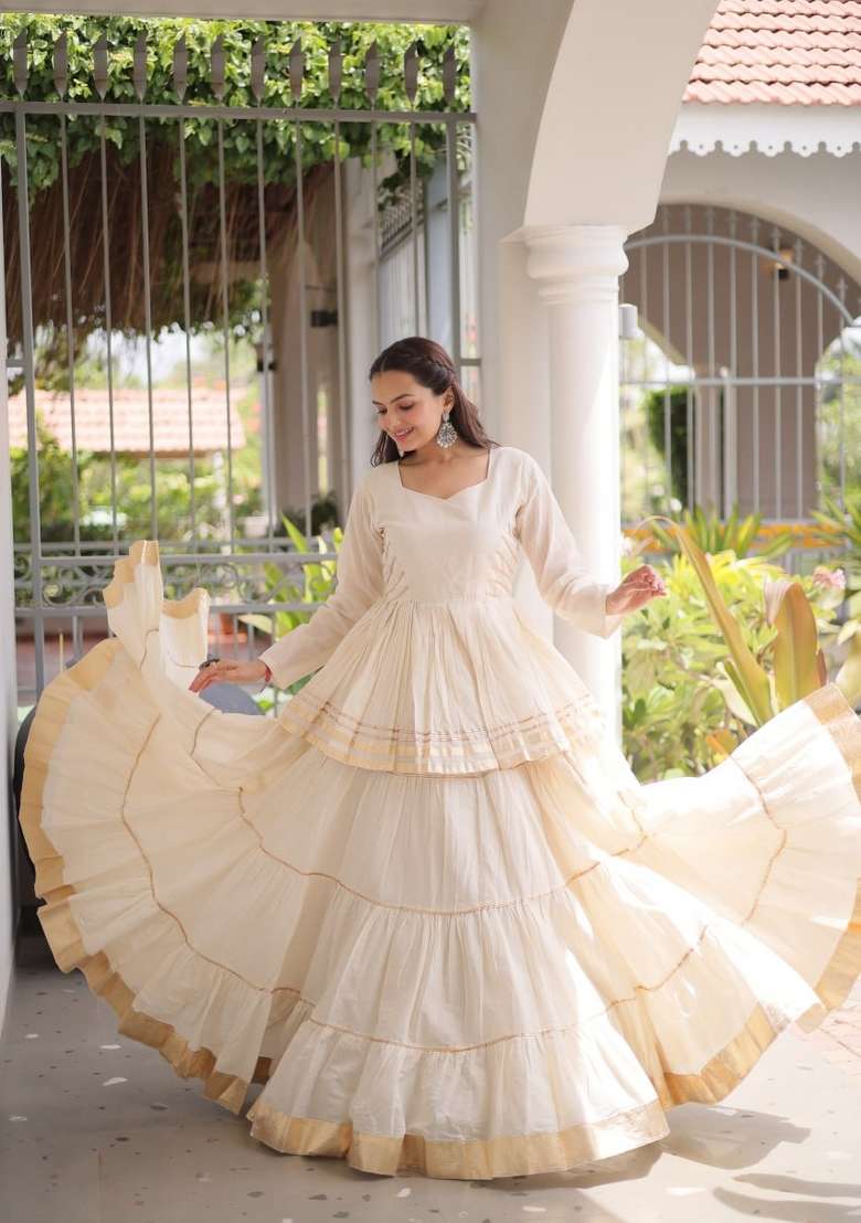 Off White Gota Patti Work Cotton Lehenga Set - Indya