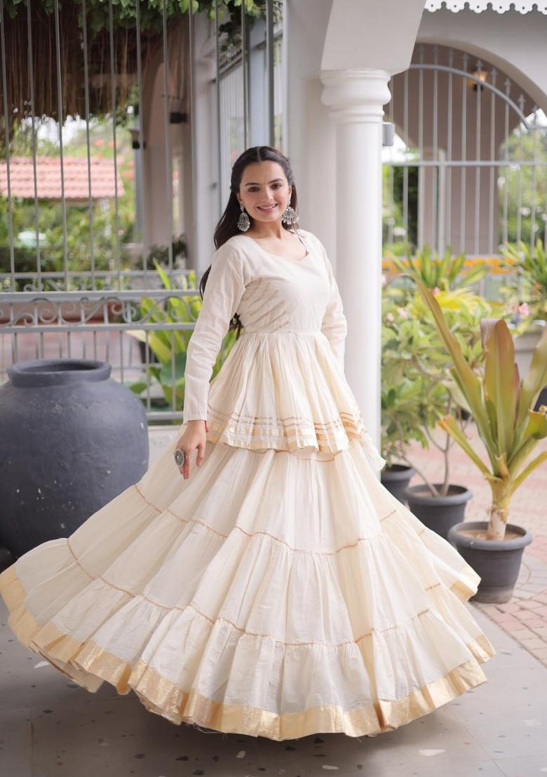 Off White Gota Patti Work Cotton Lehenga Set - Indya
