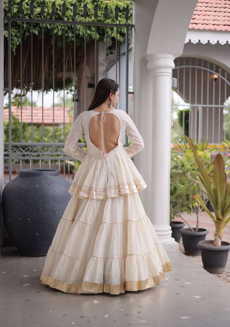 Off White Gota Patti Work Cotton Lehenga Set - Indya