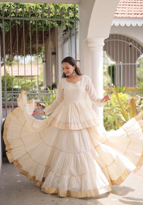 Off White Gota Patti Work Cotton Lehenga Set