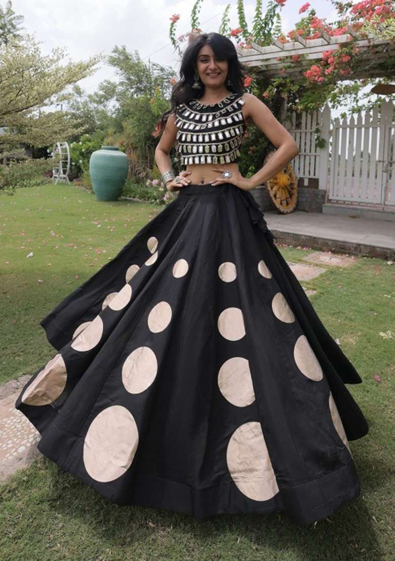 Black Mirror Work Silk Lehenga Set - Indya