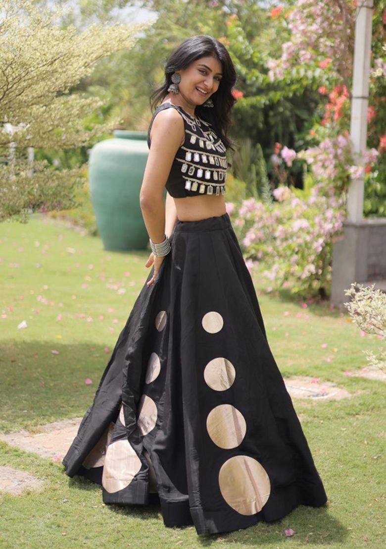 Black Mirror Work Silk Lehenga Set - Indya