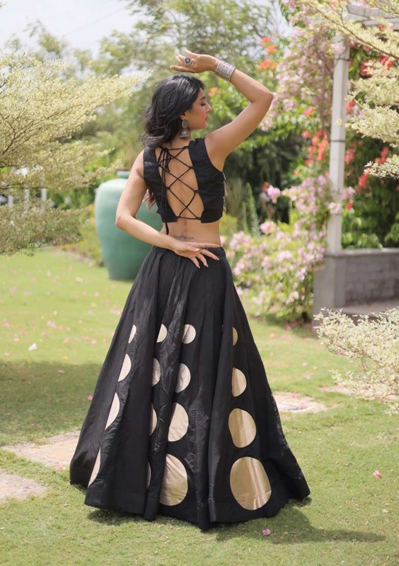 Black Mirror Work Silk Lehenga Set - Indya