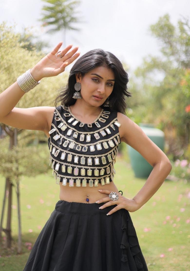Black Mirror Work Silk Lehenga Set - Indya