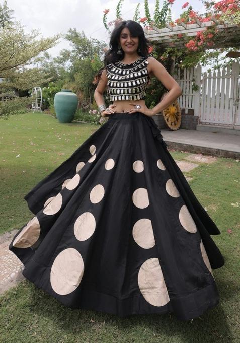 Black Mirror Work Silk Lehenga Set