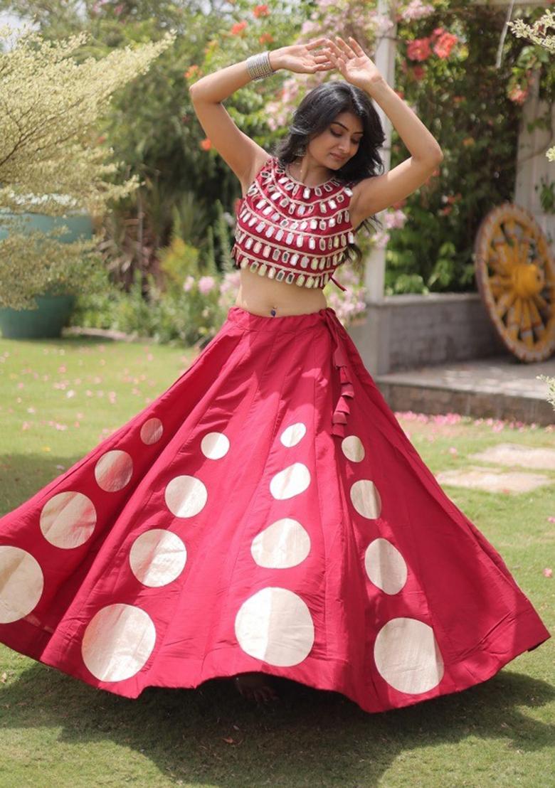Maroon Mirror Work Silk Lehenga Set - Indya