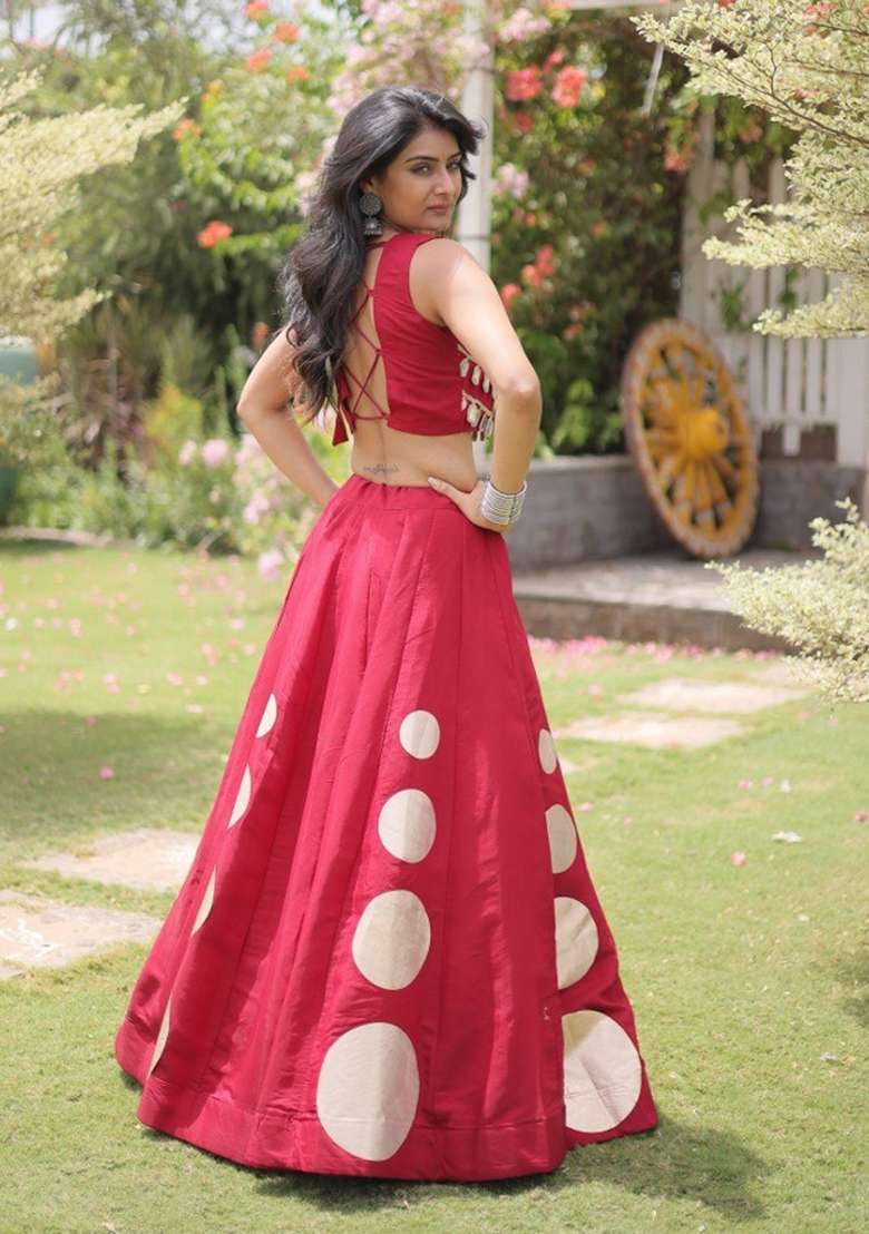 Maroon Mirror Work Silk Lehenga Set - Indya