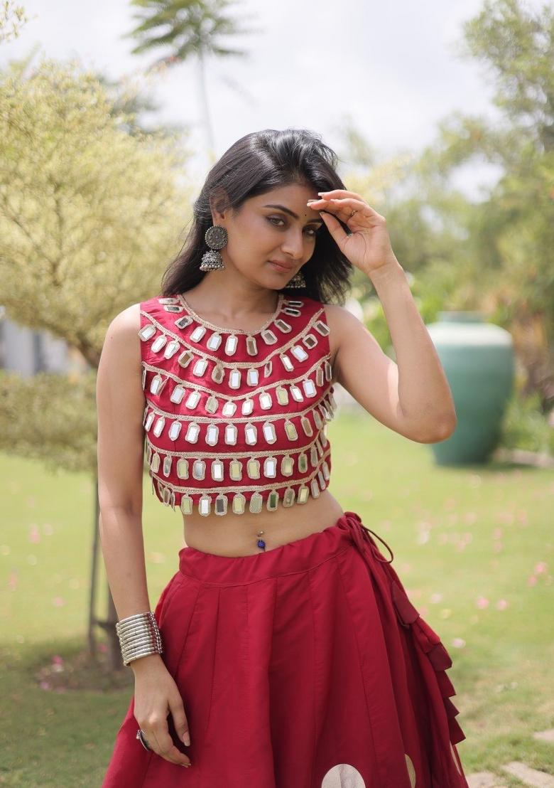 Maroon Mirror Work Silk Lehenga Set - Indya