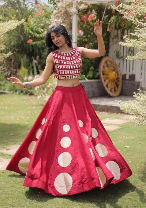 Maroon Mirror Work Silk Lehenga Set