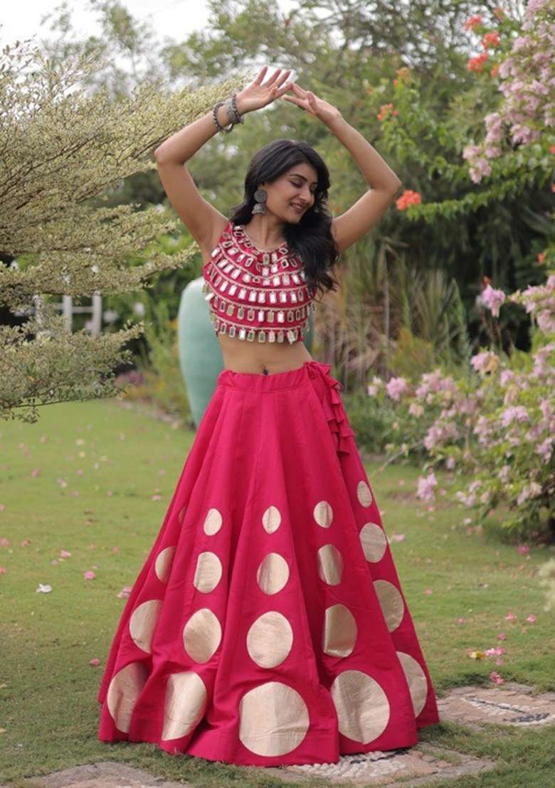 Pink Mirror Work Silk Lehenga Set - Indya
