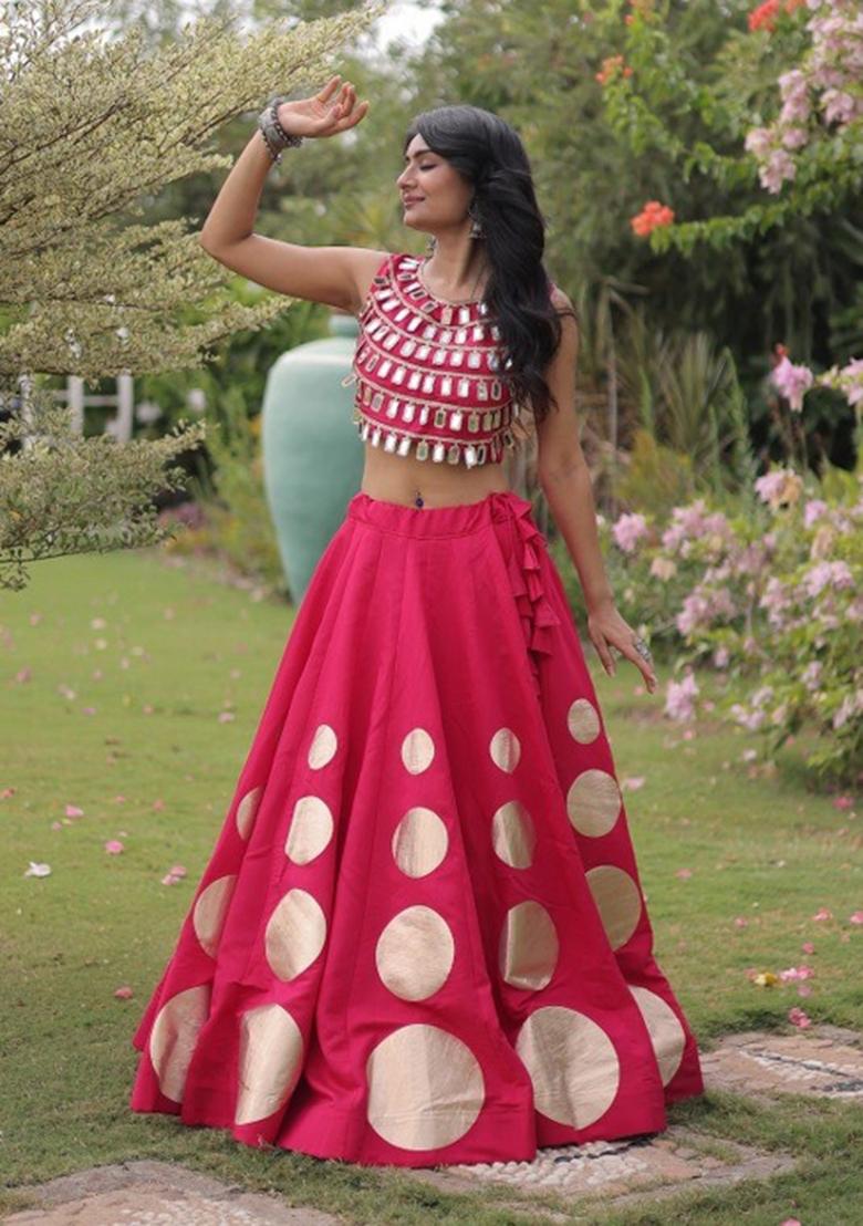 Pink Mirror Work Silk Lehenga Set - Indya