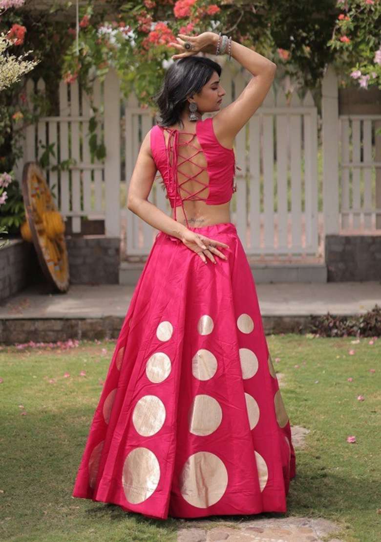Pink Mirror Work Silk Lehenga Set - Indya