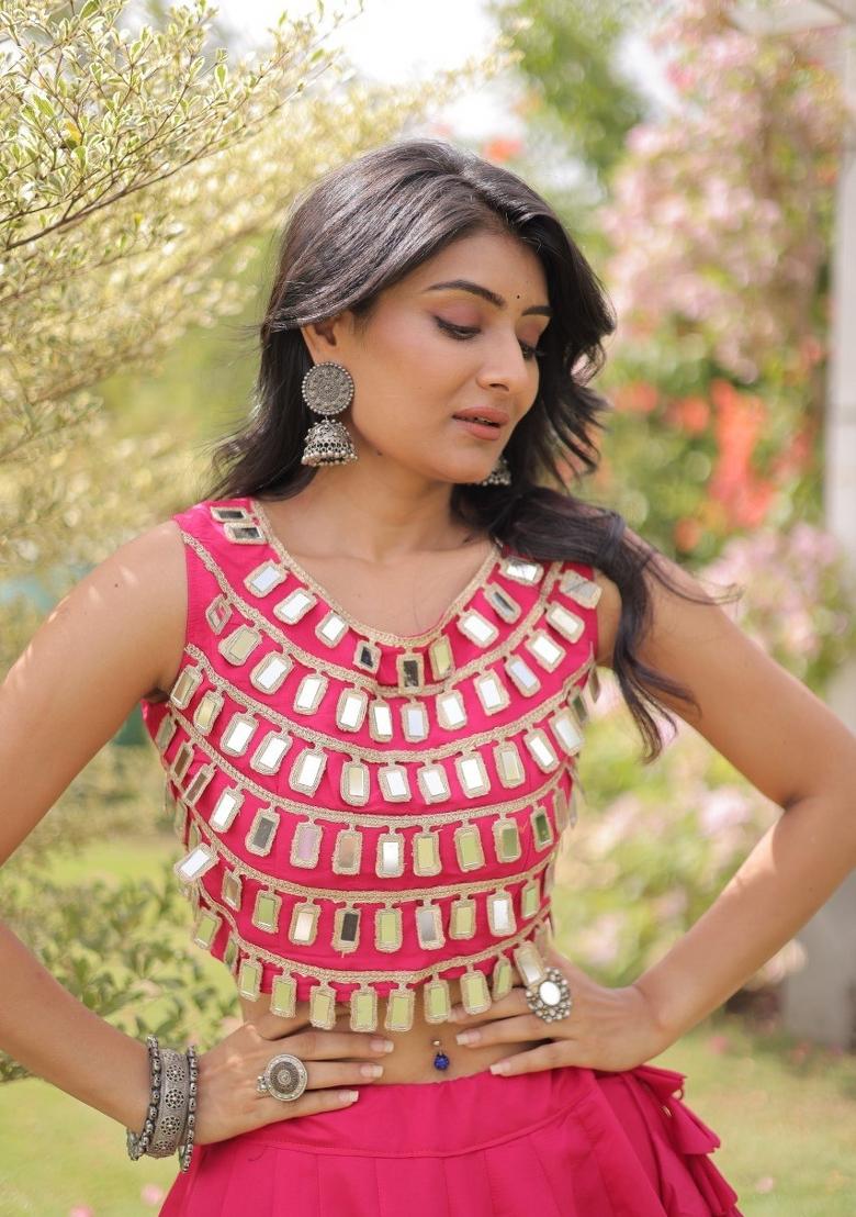 Pink Mirror Work Silk Lehenga Set - Indya