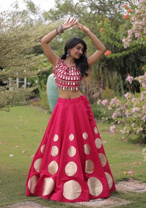 Pink Mirror Work Silk Lehenga Set