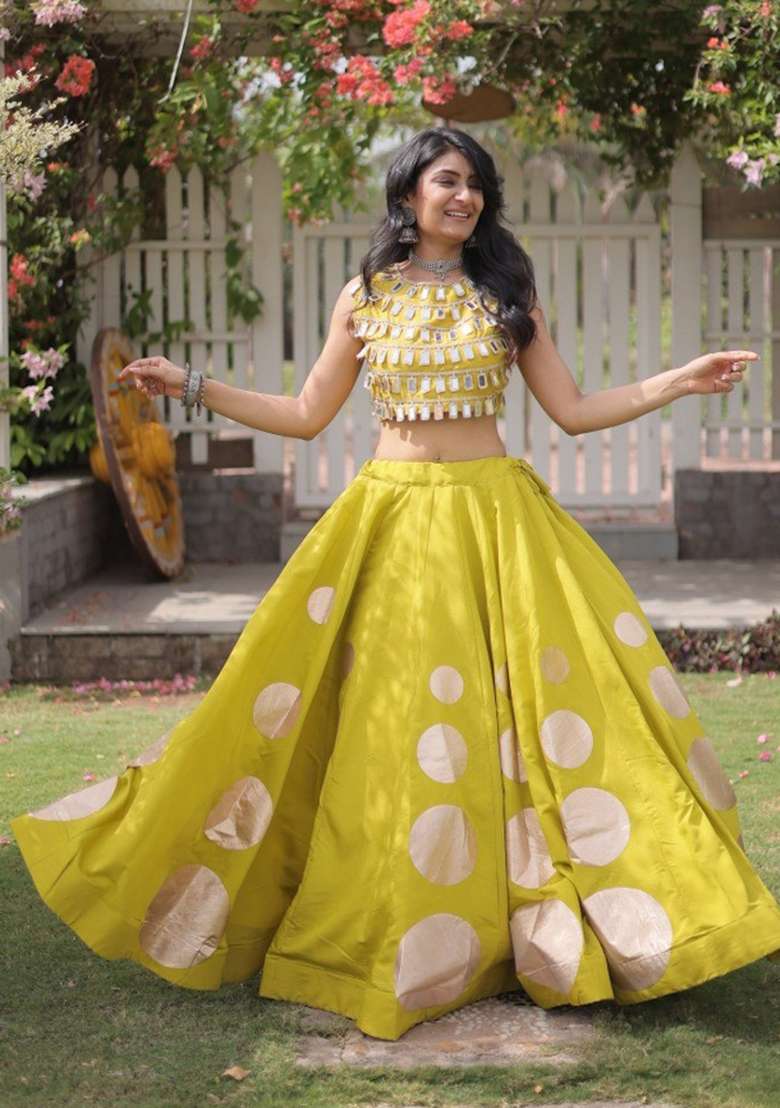 Parrot Mirror Work Silk Lehenga Set - Indya
