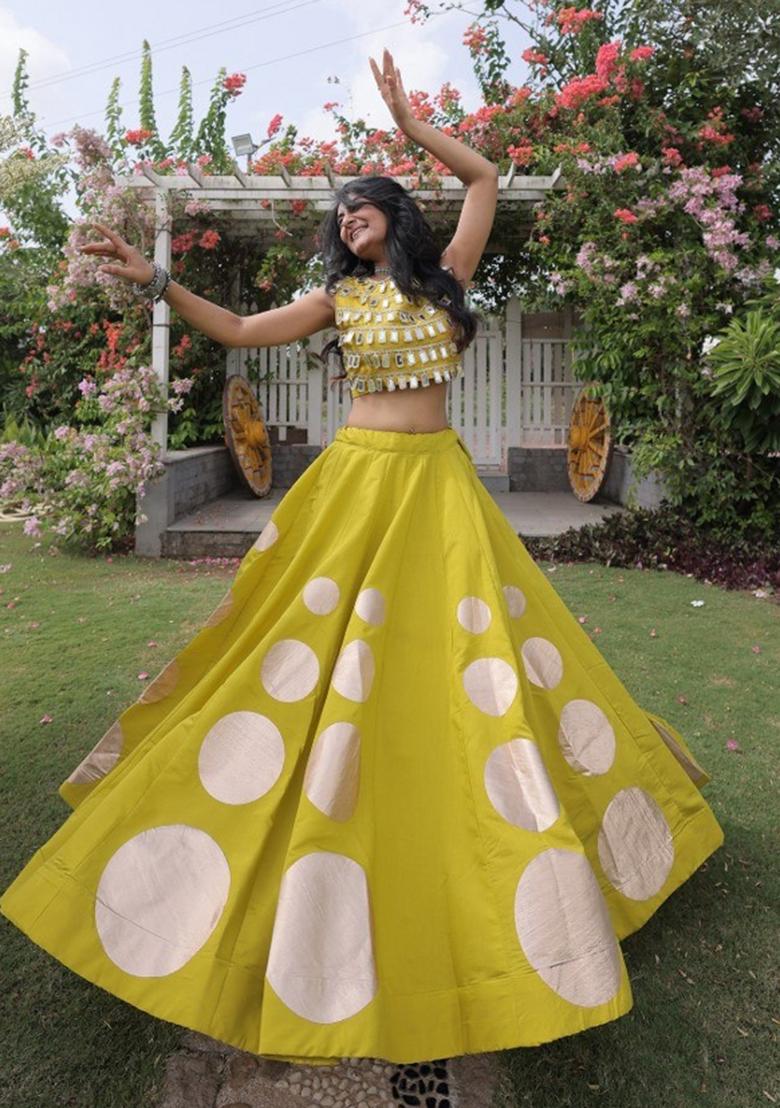 Parrot Mirror Work Silk Lehenga Set - Indya