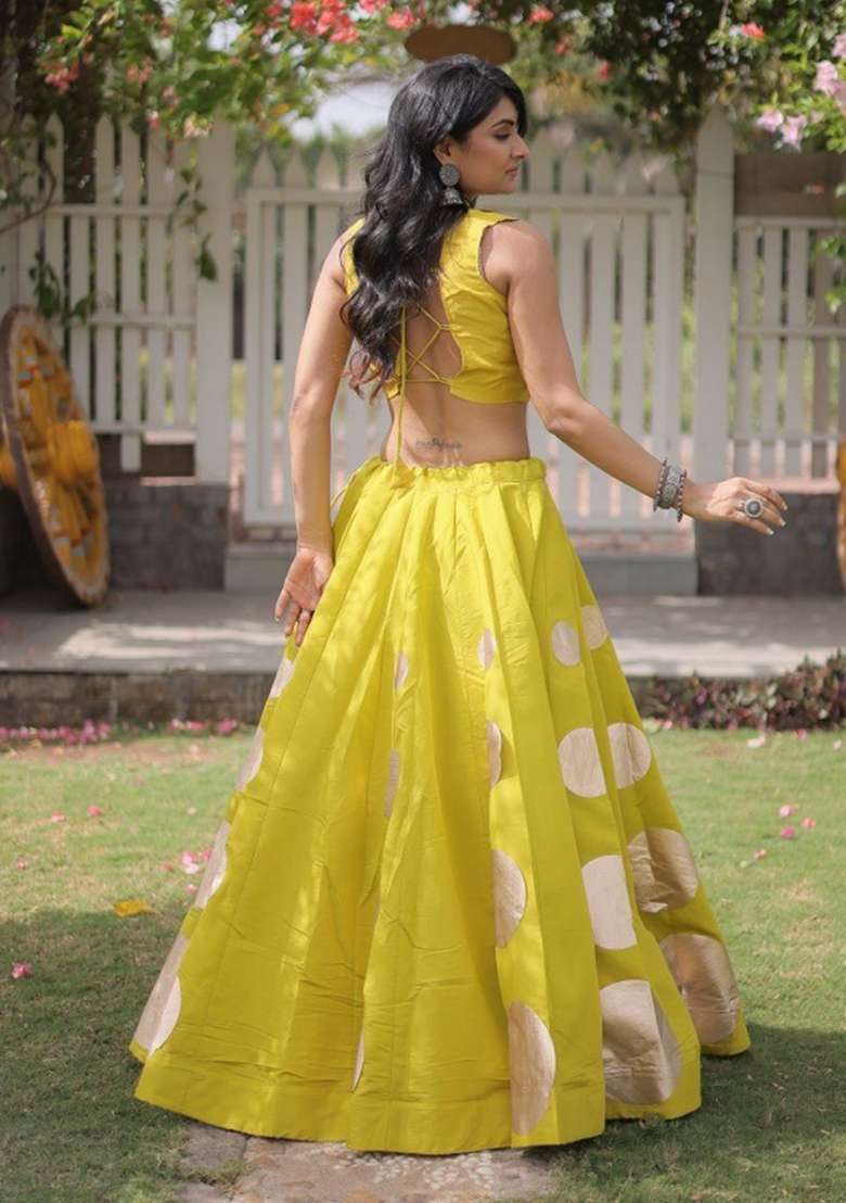 Parrot Mirror Work Silk Lehenga Set - Indya