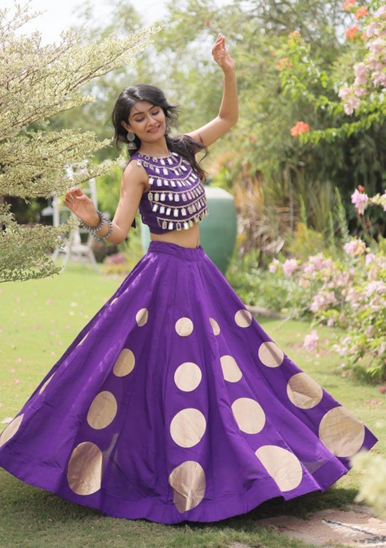 Purple Mirror Work Silk Lehenga Set - Indya