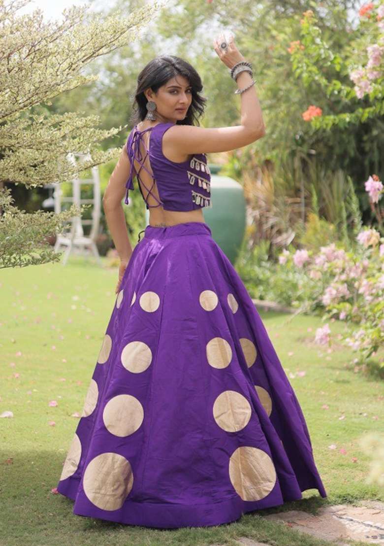Purple Mirror Work Silk Lehenga Set - Indya