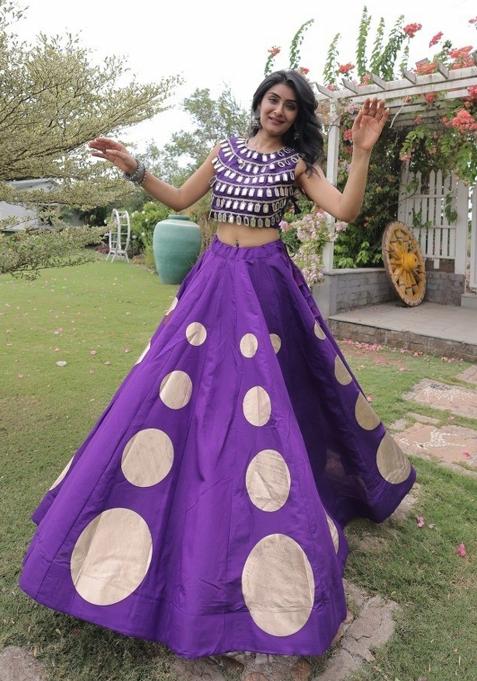 Purple Mirror Work Silk Lehenga Set
