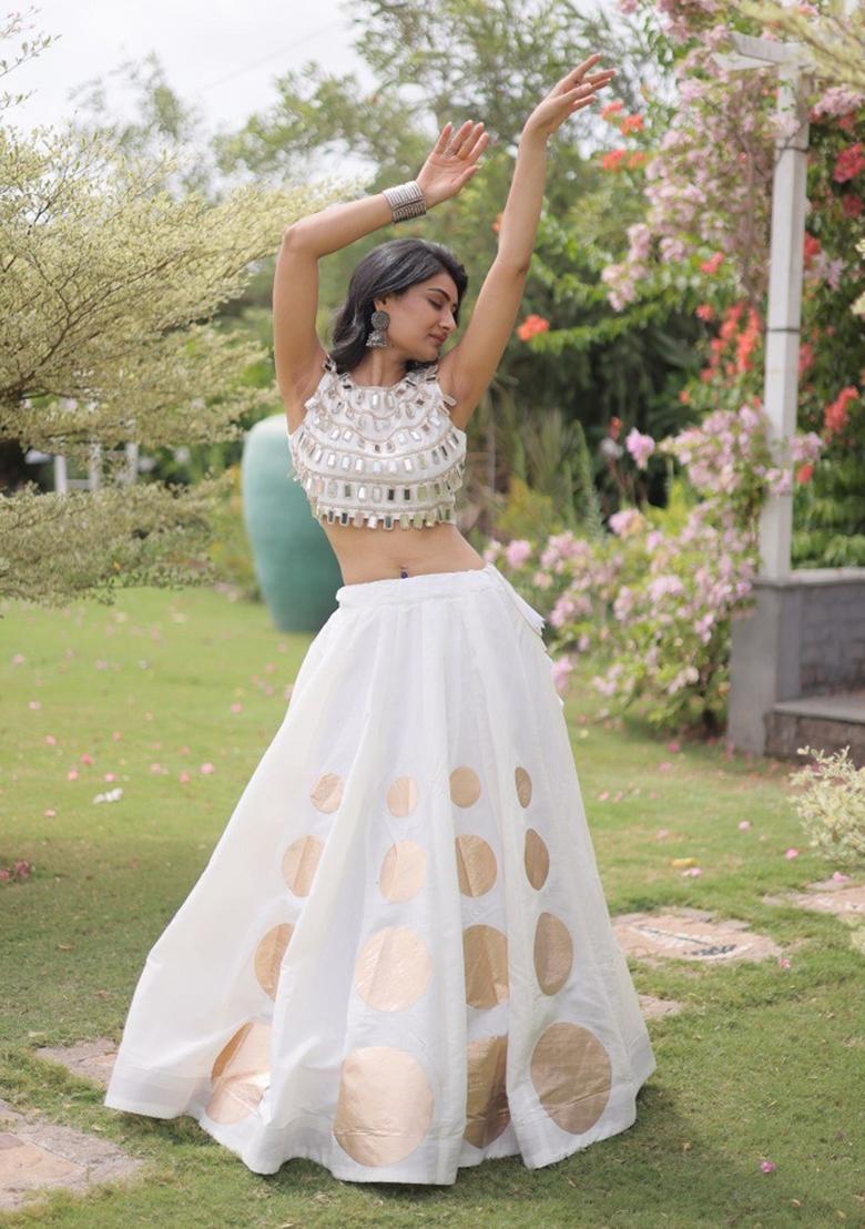 Wine Mirror Work Silk Lehenga Set - Indya