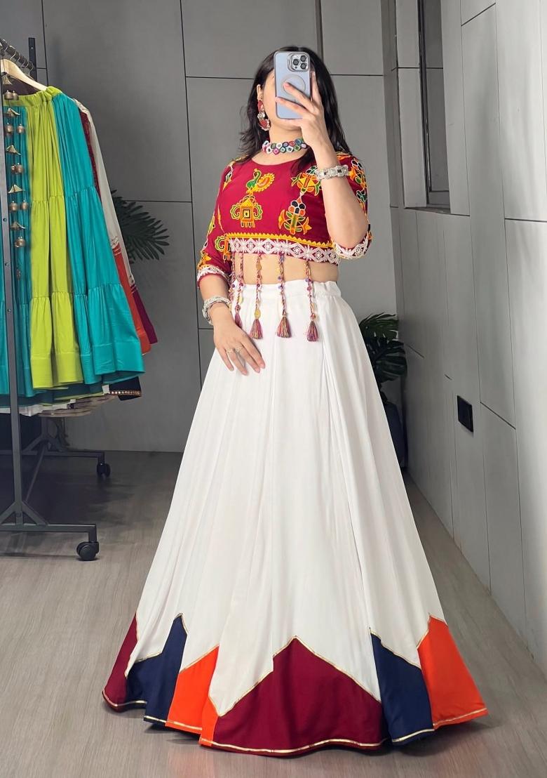White And Marron Cotton Lehenga Set - Indya