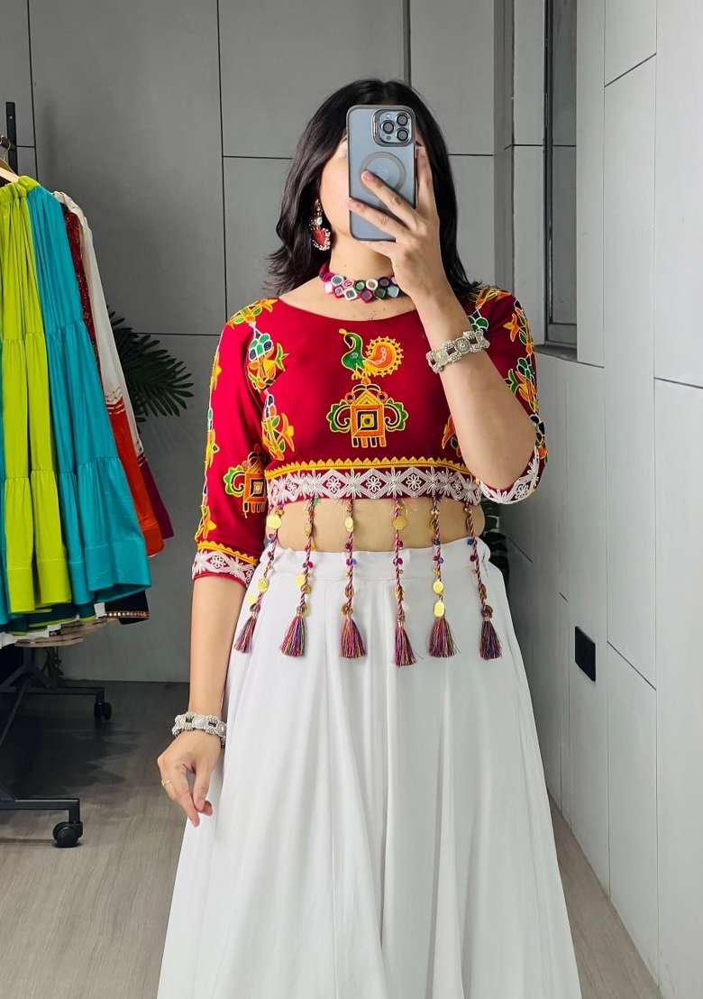 White And Marron Cotton Lehenga Set - Indya