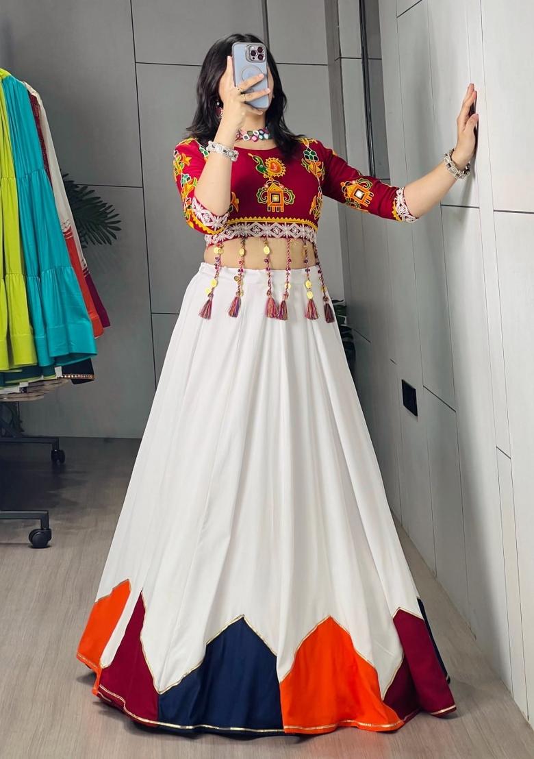 White And Marron Cotton Lehenga Set - Indya