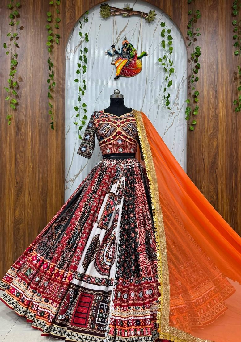 Multicolor Mirror Work Cotton Lehenga Set - Indya