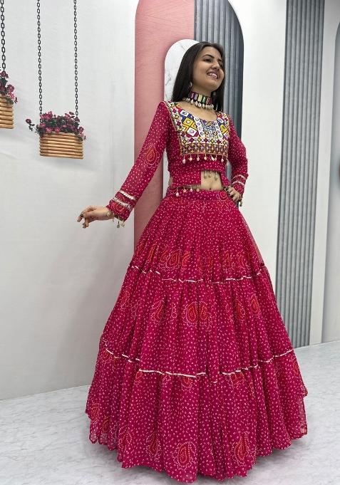Rani Pink Embroidered Georgette Chaniya Choli Set For Navratri And Garba