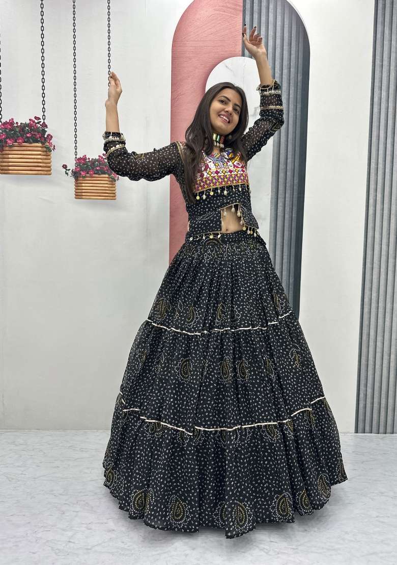 Black Embroidered Georgette Chaniya Choli Set For Navratri And Garba - Indya