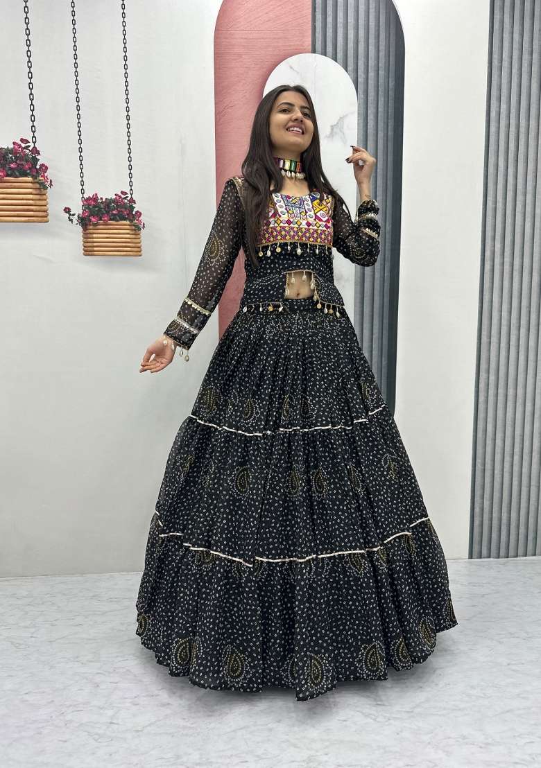 Black Embroidered Georgette Chaniya Choli Set For Navratri And Garba - Indya