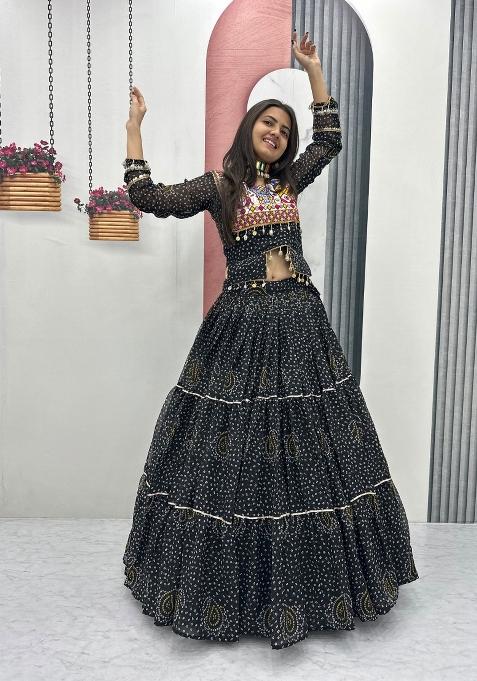 Black Embroidered Georgette Chaniya Choli Set For Navratri And Garba