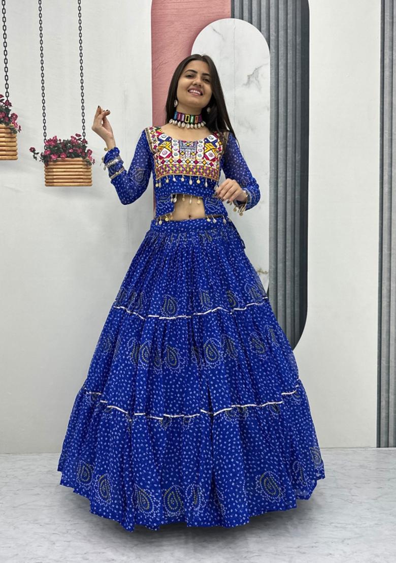Blue Embroidered Georgette Lehenga Set - Indya