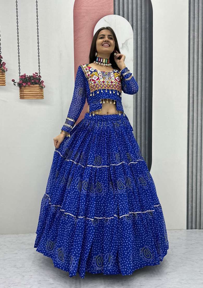 Blue Embroidered Georgette Chaniya Choli Set For Navratri And Garba - Indya