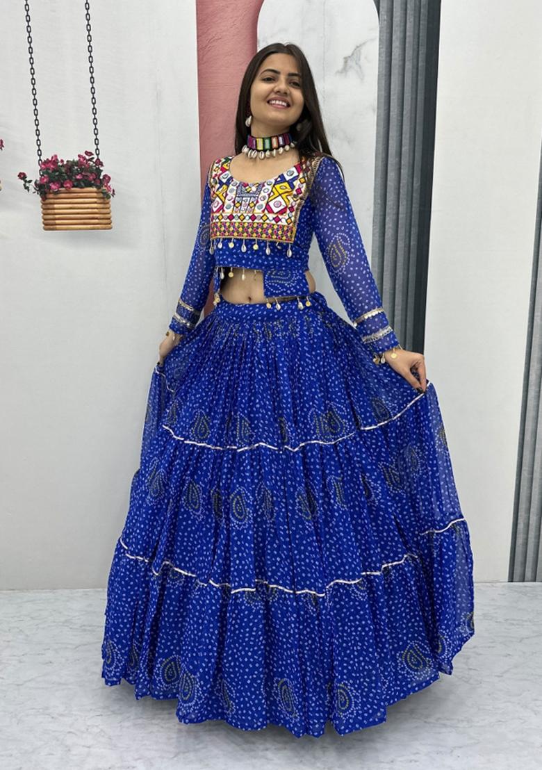 Blue Embroidered Georgette Lehenga Set - Indya