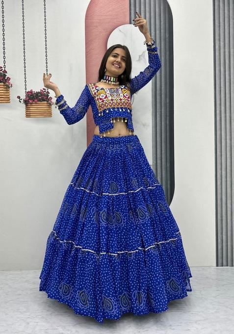Blue Embroidered Georgette Chaniya Choli Set For Navratri And Garba