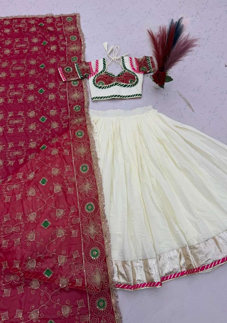 White Embroidered Roman Chaniya Choli Set For Navratri And Garba for Diwali and Festive Wear - Indya
