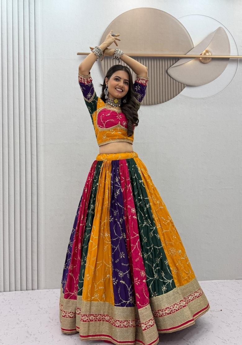Multicolor Embroidered Roman Lehenga Set - Indya
